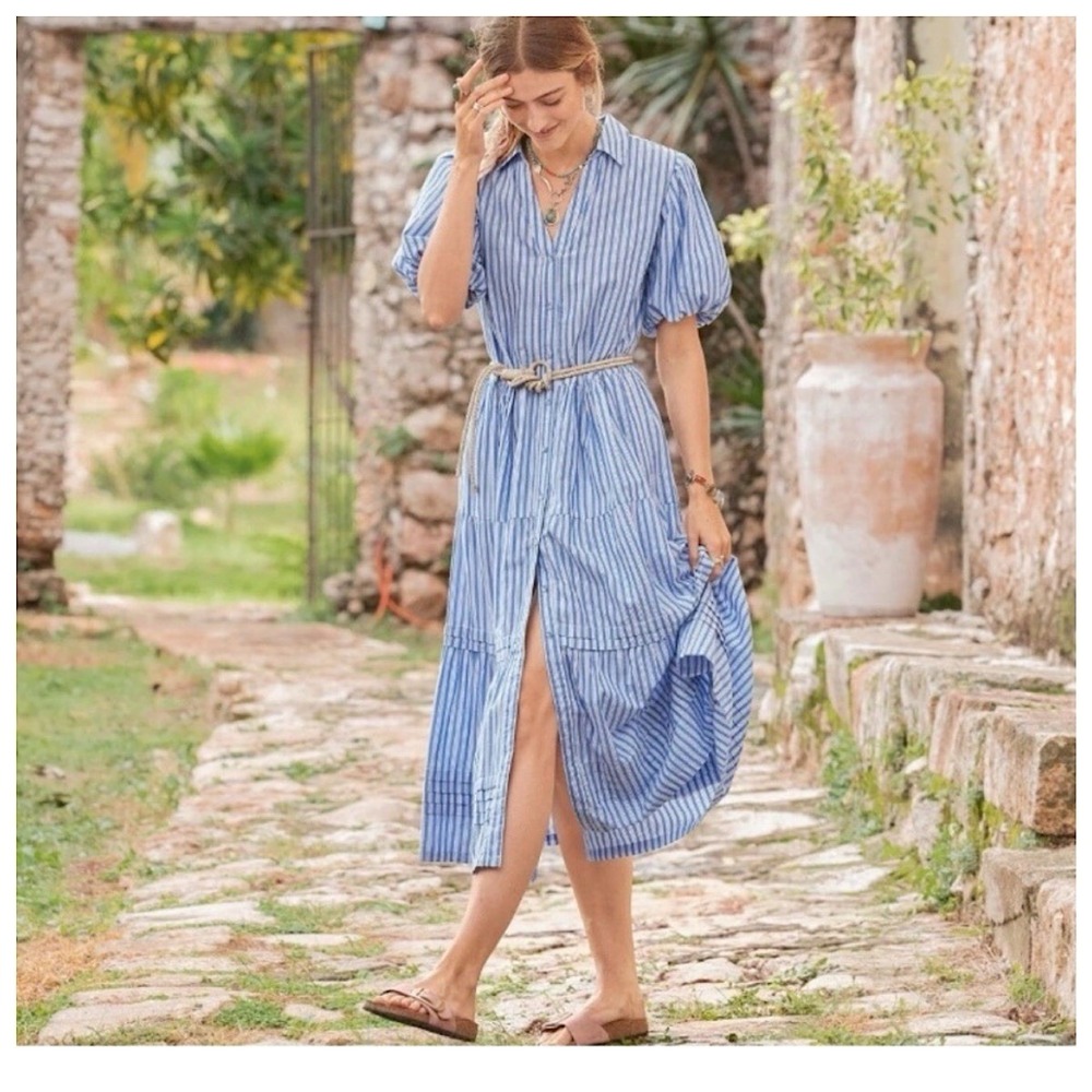 Sundance Abrielle Button Up Shirt Dress Sz M Blue Striped Short Puff Sleeves